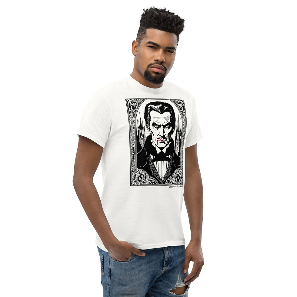 Thumbnail: Blair Mueller Art - The Horror Market - Classic Cotton Tee - Count Dracula - front on model