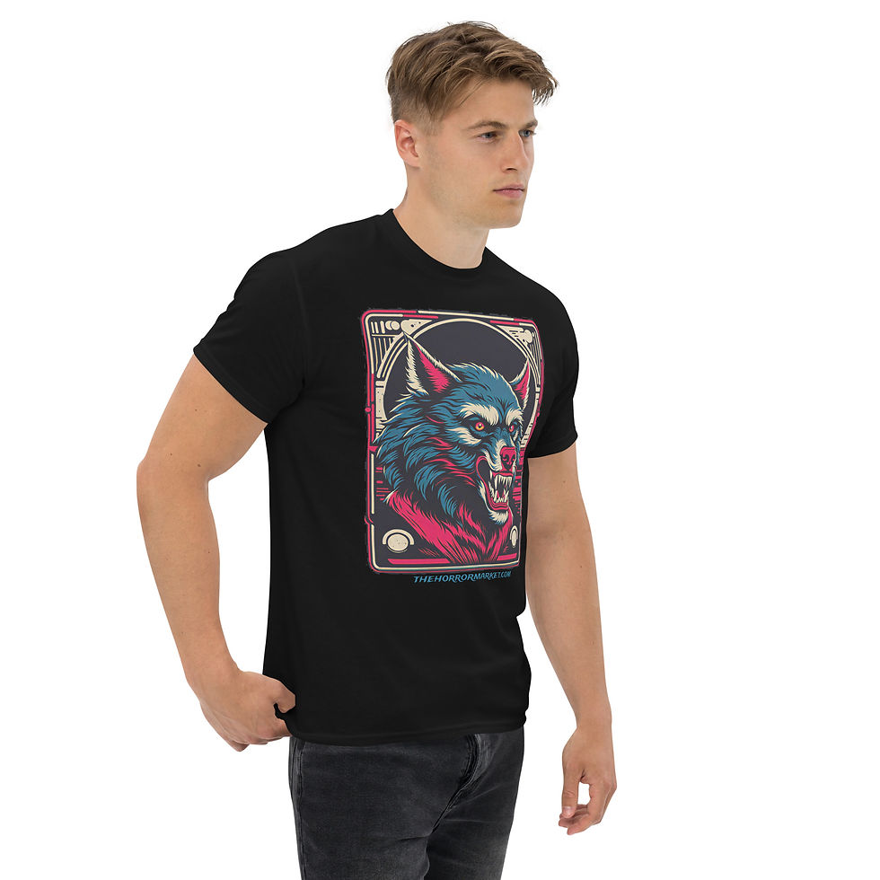 Thumbnail: Blair Mueller Art - The Horror Market - Classic Cotton Tee - Silverback Jack - Werewolf - black on model