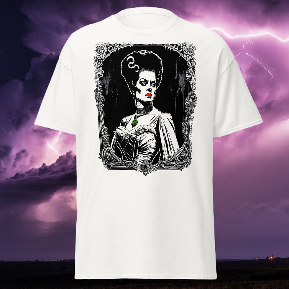 Blair Mueller Art - The Horror Market - Classic Cotton Tee - Bride of Frankenstein - front white