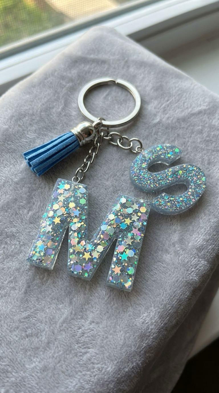 Close-up shot of a participant using tweezers to carefully place gold letters onto a purple UV resin initial charm during a BYOB craft workshop at Token Studio London.