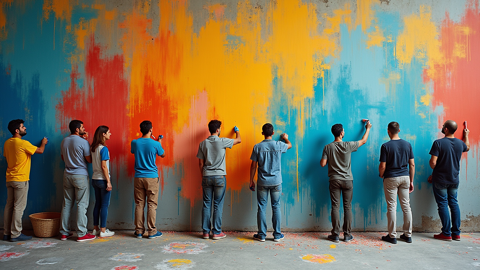 High angle view of a large group painting a mural together