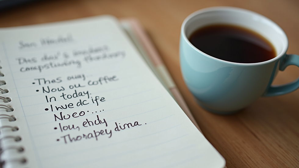 Close-up view of a notebook with therapy session notes and a cup of coffee