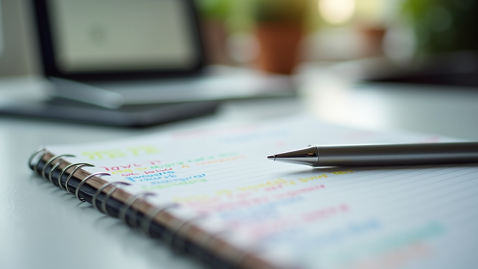 Close-up view of a notebook with colorful notes and a pen on a desk