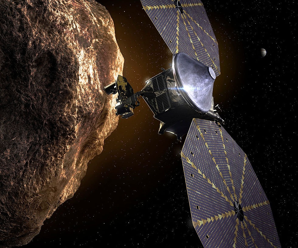 The Lucy spacecraft orbiting an asteroid