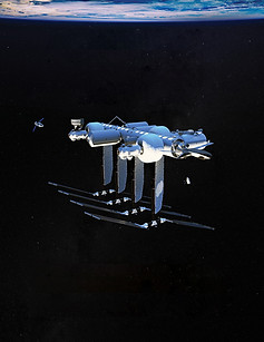 Multiple core modules with solar panels attached to the bottom, multiple additional modules