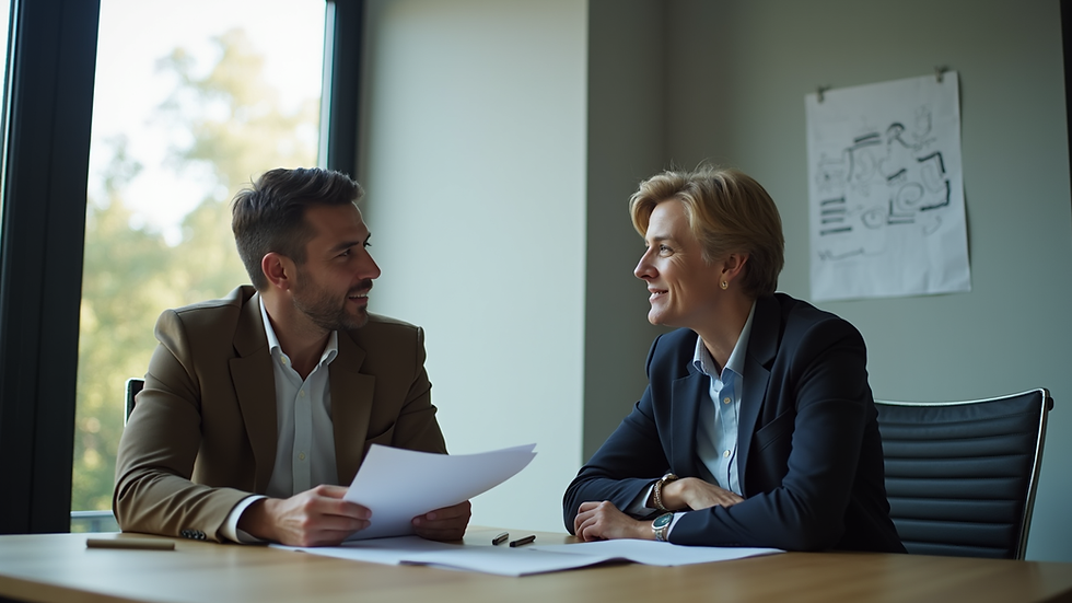 Eye-level view of a professional mentor and mentee discussing career plans