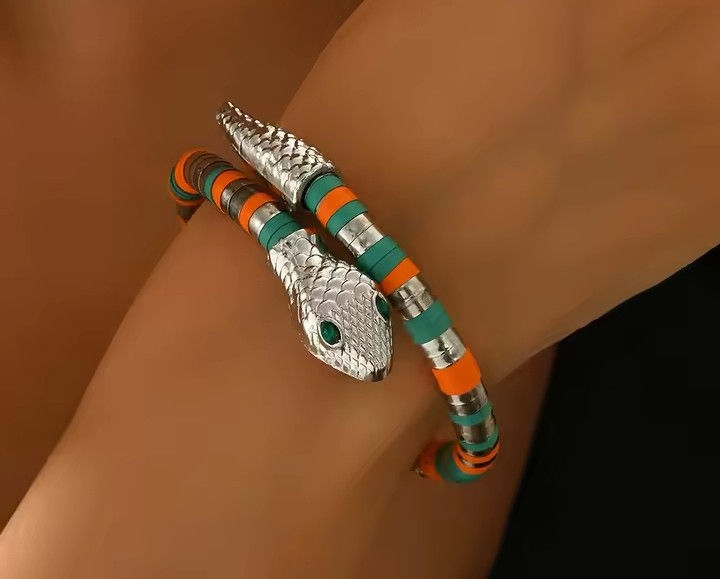 Thumbnail: Cobra Snake Wrap Silver Tone Bracelet with Turquoise and Orange Accents