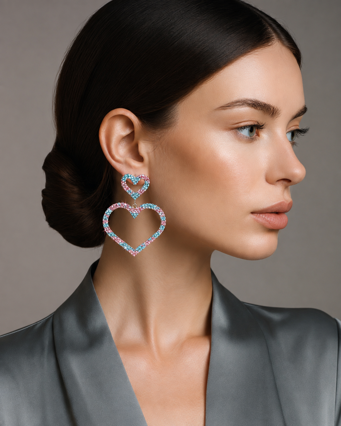 Sparkling Double Heart Rhinestone Chandelier Earrings