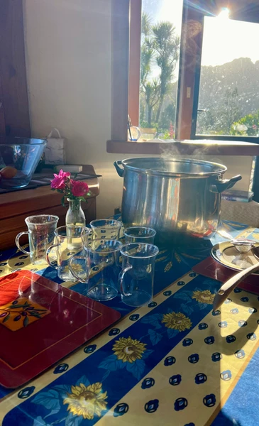 a large pot of steaming tea with glass mugs on a colourful cotton blue table cloth, sun streaming through a window onto the table