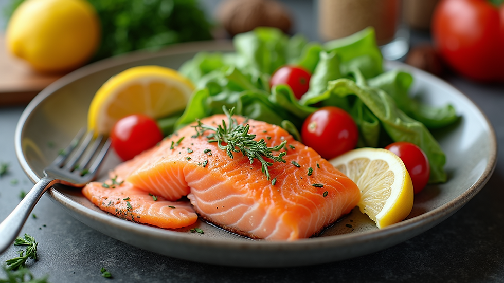 High angle view of a healthy meal plate with salmon and vegetables
