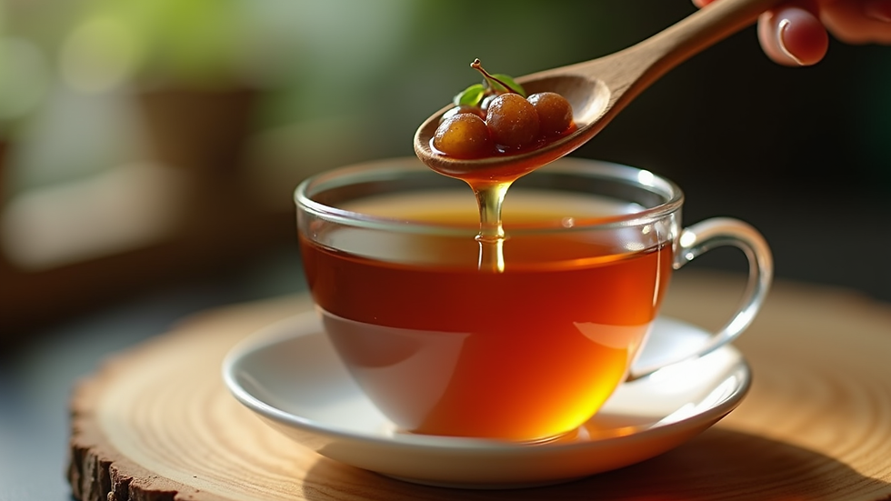 Eye-level view of a wooden spoon dripping jamun honey into a cup of herbal tea