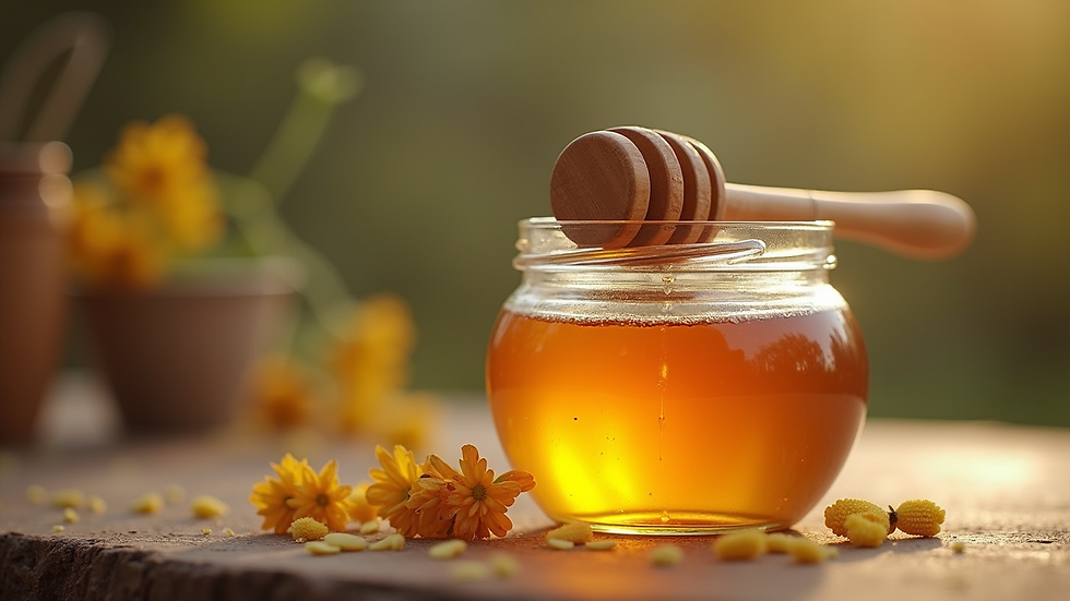 Eye-level view of a wooden honey dipper resting on a jar of raw honey