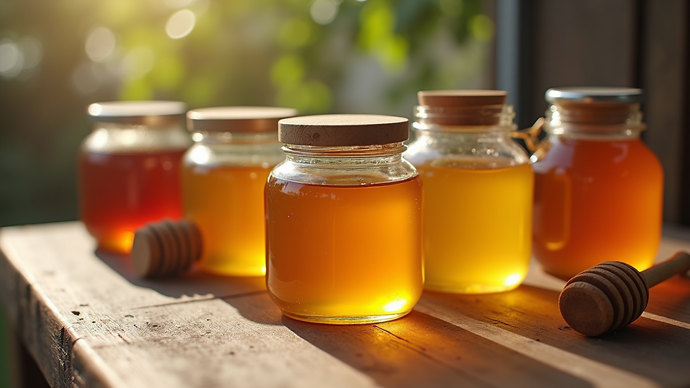 Eye-level view of honey jars with different honey varieties on a wooden table