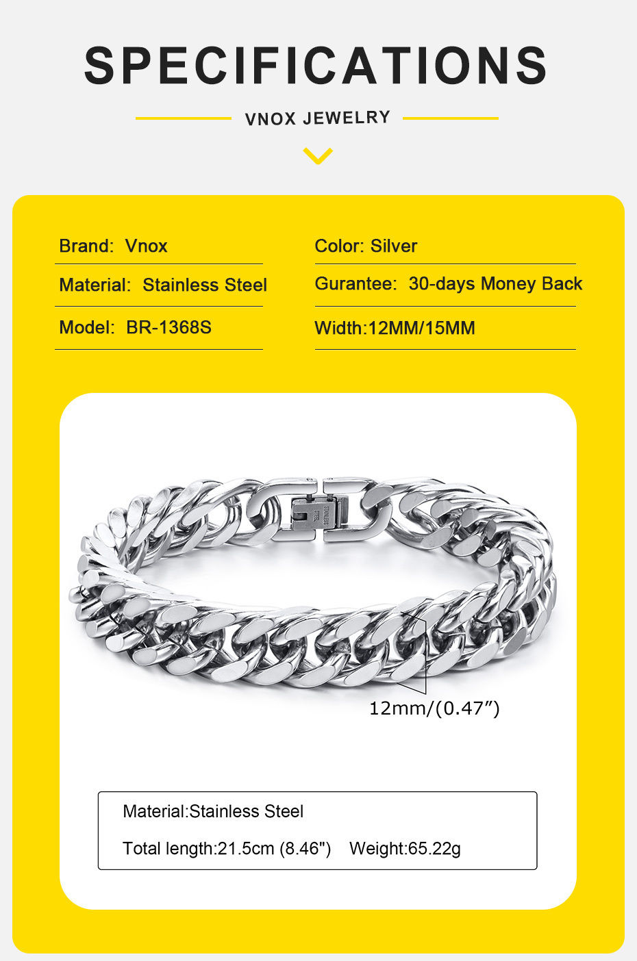 Thumbnail: Stainless Steel Cuban Chain Bracelet — Men's Silver-Tone Design