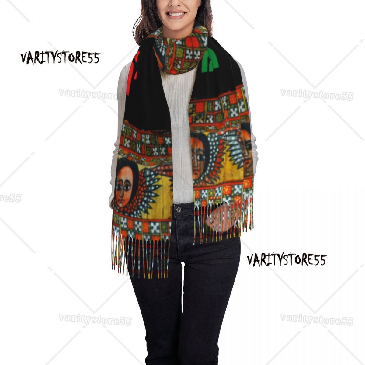 Custom Ethiopian Habesha Art Scarf Wrap for Women Long Winter Warm Tassel Shawl