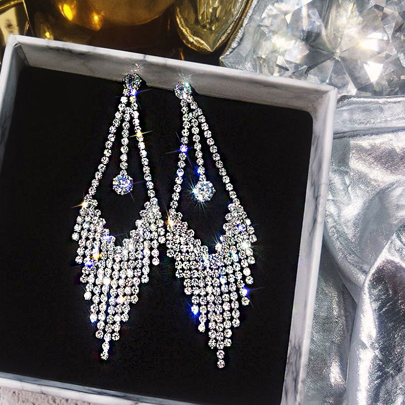 Thumbnail: Crystal Zircon Long Drop Earrings — Geometric Tassel Design
