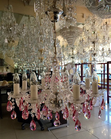 Farrah-8-1001, a 30% PbO Bohemian coloured crystal chandelier. Nickel finish with pink oval lead crystals.