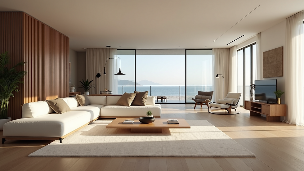 Eye-level view of a spacious, well-lit living room with modern furniture and open layout