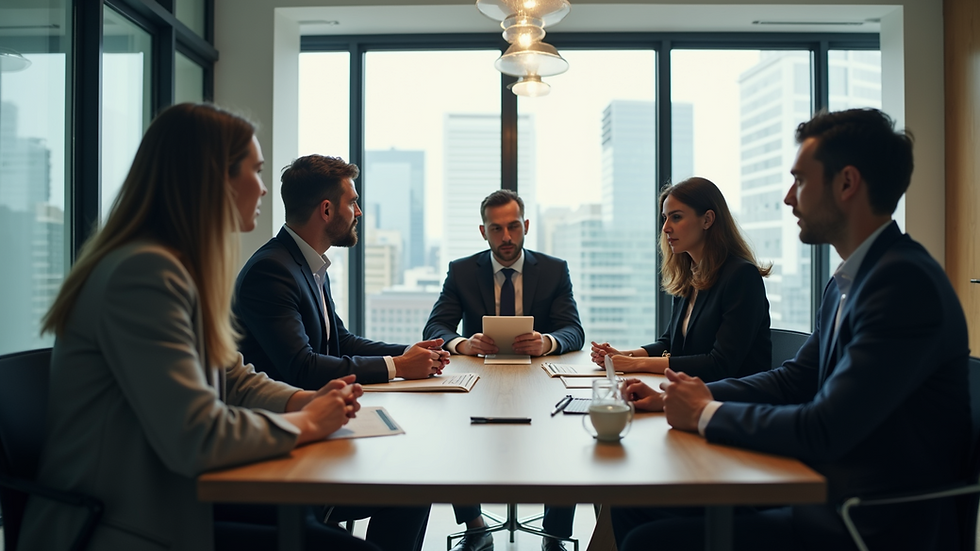 High angle view of a conference room with a team discussing recruitment strategies