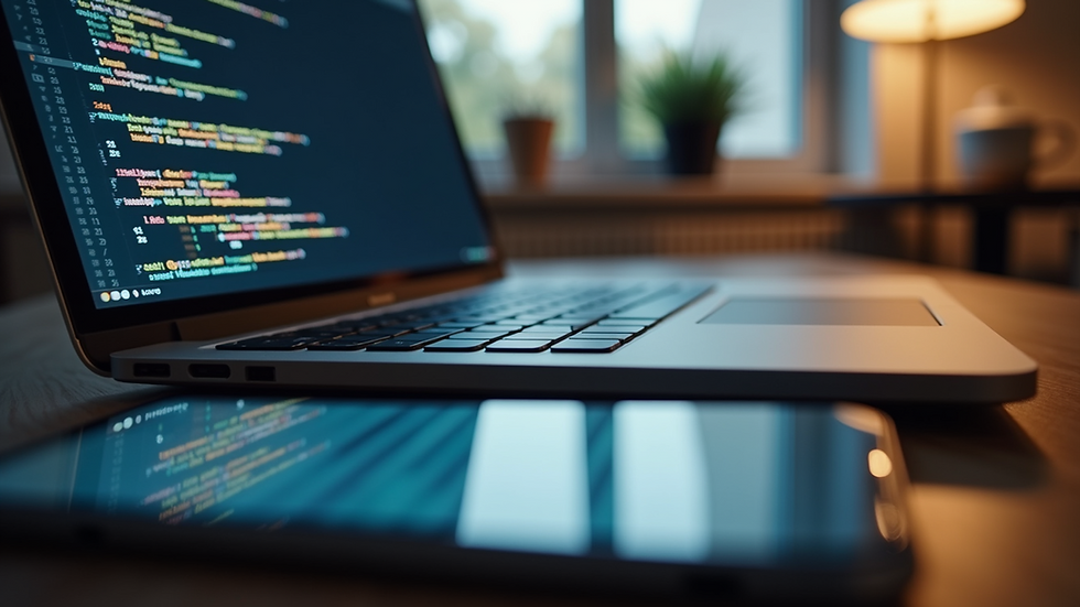 Eye-level view of a laptop and smartphone on a desk with coding on the screen