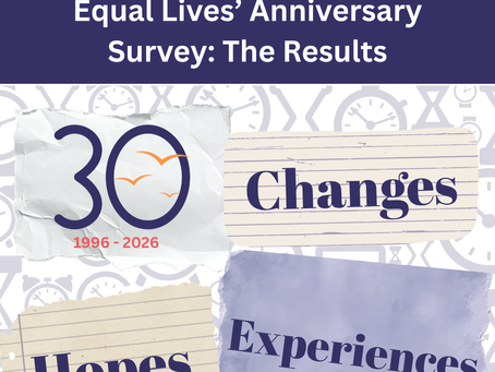 'Equal Lives' Anniversary Survey: The Results' is written in white text on a navy blue background. Beneath this, there is a background collage of clocks and timers in pale semi-transparent blue. 4 scraps of paper are set on top of the background; the first one has the Equal Lives 30th anniversary logo, marking 1996–2026. The other three read 'Changes', 'Hopes', and 'Experiences'. In the top right-hand corner of the graphic is the Equal Lives logo: Equal Lives is written in blue text, with a tagline written in purple - Free from disabling barriers. There are 3 orange birds flying into the air above the writing.