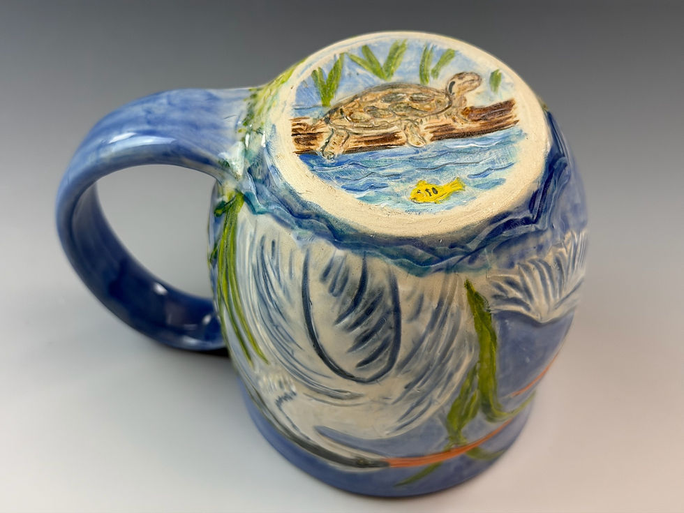 Thumbnail: Great blue heron mugs (white $175 and Heron w/ cat $260)