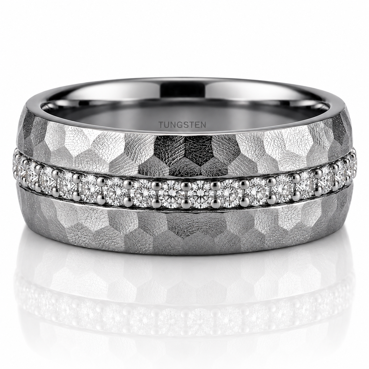 Diamond Men's Wedding Band Set in Hammered Tungsten