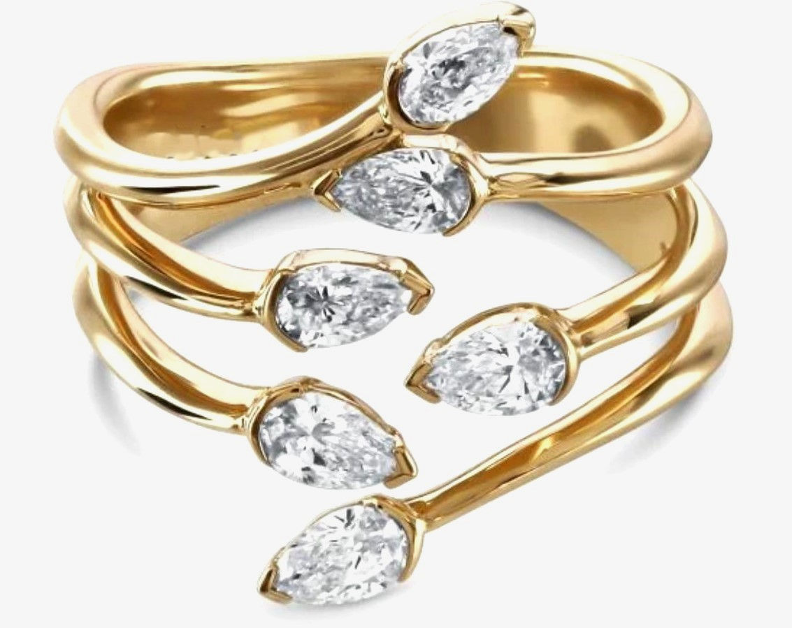 Unique Design Ring with Pear Shaped Diamonds in 14K Yellow Gold