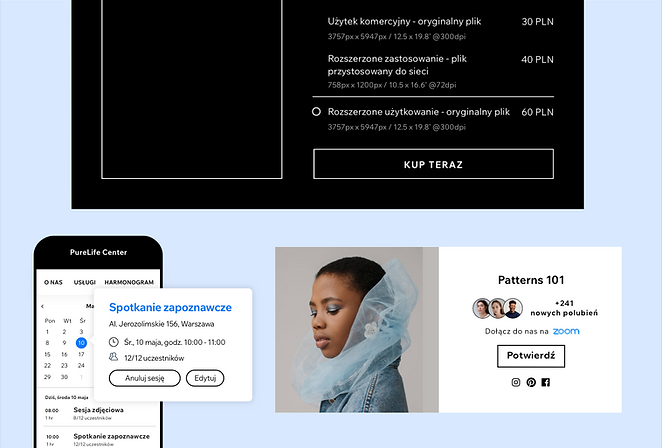 Kolaż różnych funkcji Wix, w tym możliwość sprzedaży własnej twórczości w Wix Art Store, umawianie spotkań z Wix Bookings i RSVP na wydarzenie utworzone za pomocą Wix Events.