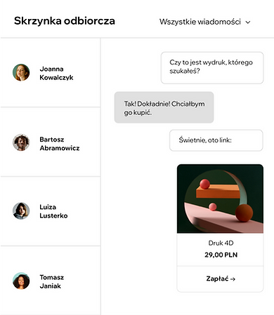Skrzynka odbiorcza użytkowników pokazująca rozmowy z odwiedzającymi stronę.