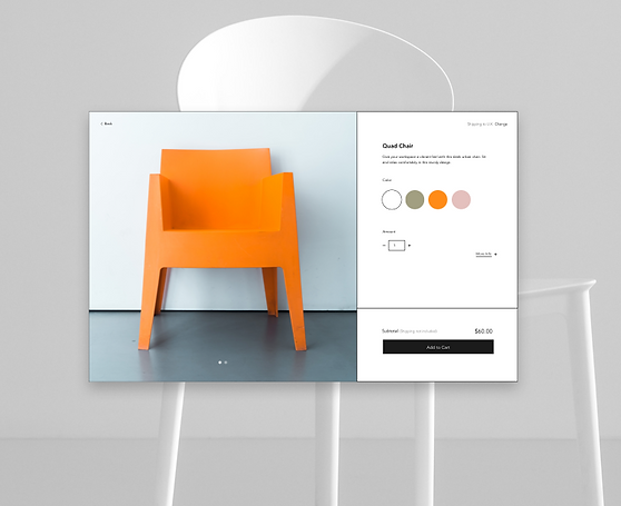 Site de móveis com a imagem de uma cadeira laranja.