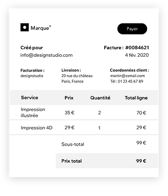 Facture pour un client créé avec Wix.