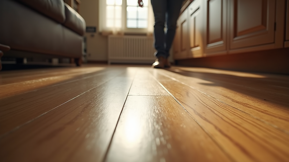 Eye-level view of a professional inspecting a luxury wooden floor
