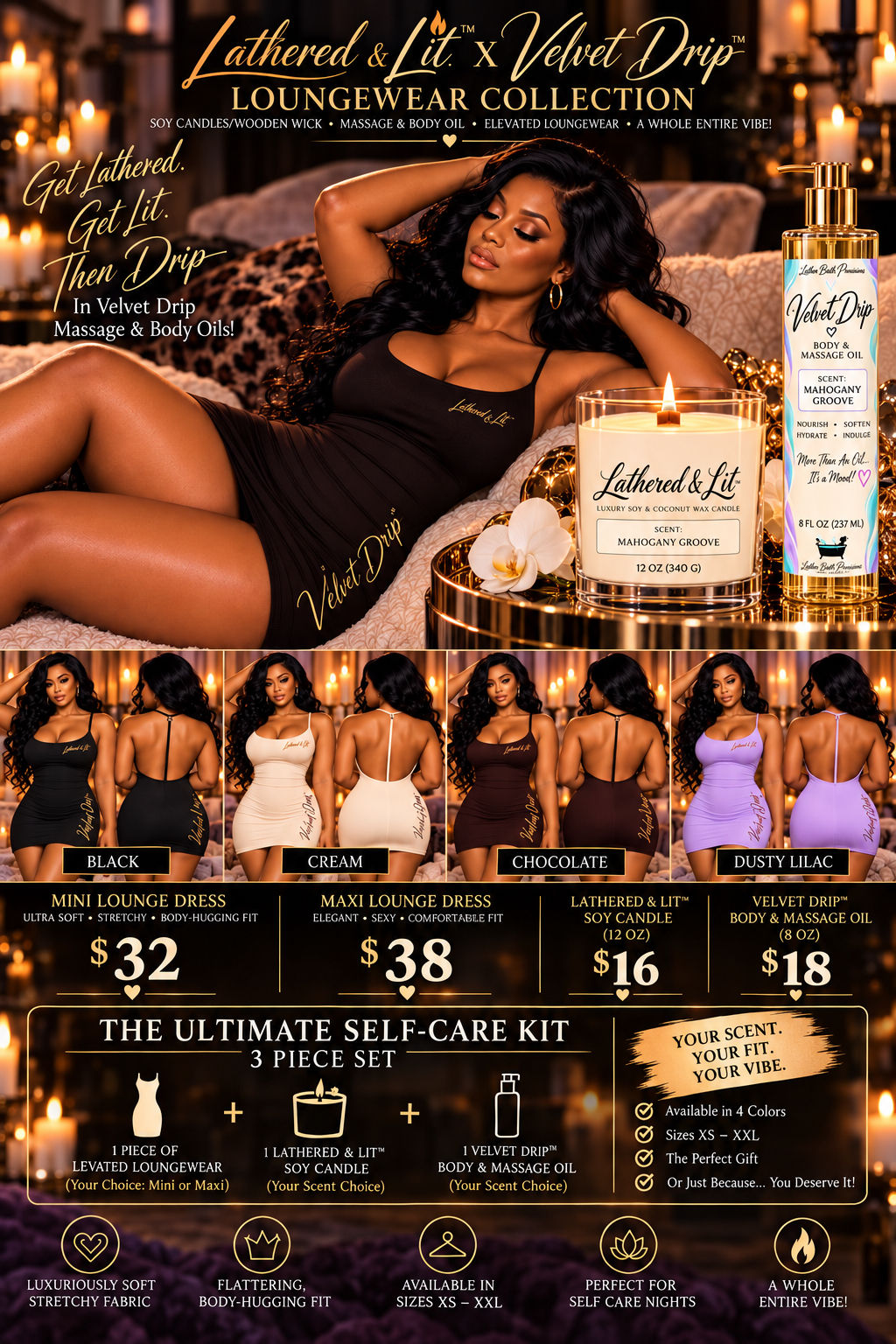 Lathered & Lit™ x Velvet Drip™ Mini Loungewear Self-Care Set