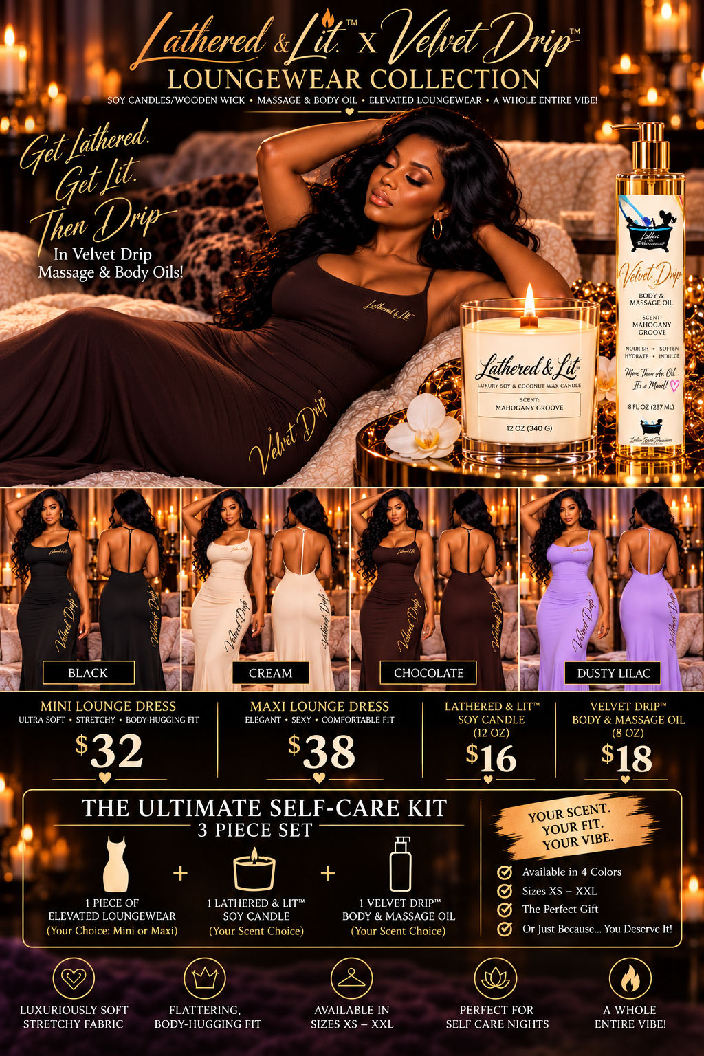 Lathered & Lit™ x Velvet Drip™ Maxi Loungewear Self-Care Set