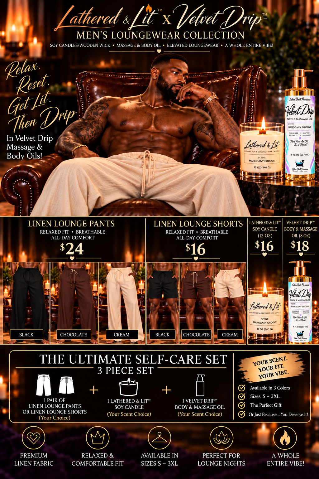 Lathered & Lit™ x Velvet Drip™ Men’s Linen Lounge Pants