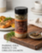 50g jar of Meskari Big Dill Premium BBQ Spice Rub on a wooden cutting board, next to fresh dill and a plate of grilled salmon
