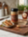 Jar of Smoky Maple Premium BBQ Spice Rub on a cutting board, alongside grilled chicken skewer, bottle of maple syrup
