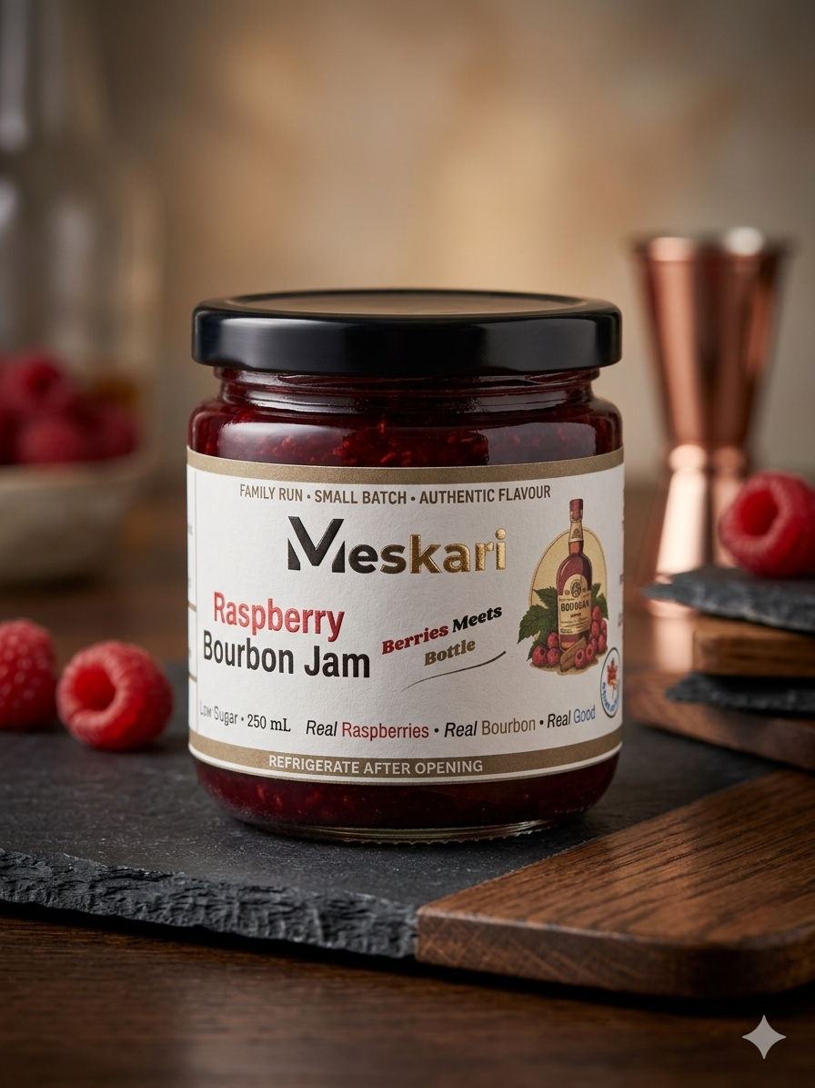 Raspberry bourbon jam jar on slate board with fresh berries beside