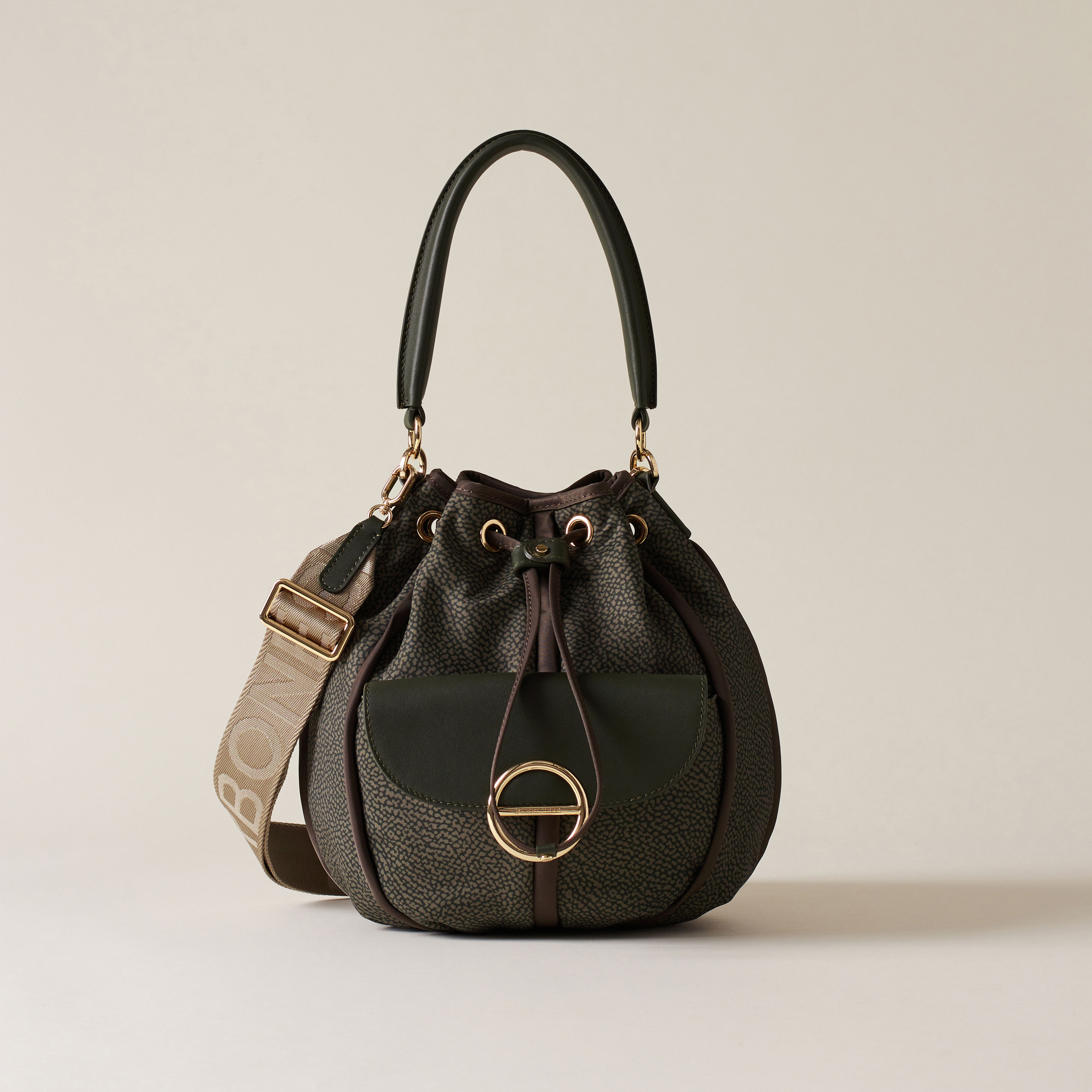 BORBONESE. Cottage Piccola Borsa a Secchiello. Borsa a Tracolla in Tessuto Riciclato OP e Pelle