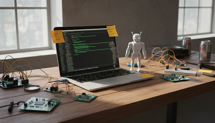 Wide-angle view of a laptop showing code beside a small robot figure on a wooden workbench