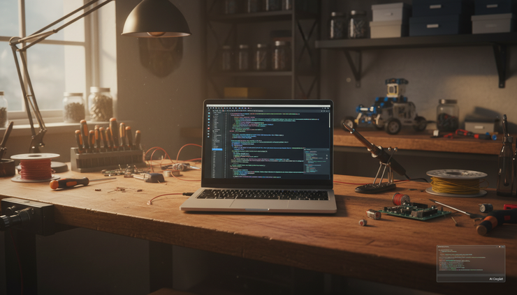 Wide-angle view of a glowing laptop screen showing code on a wooden workbench.