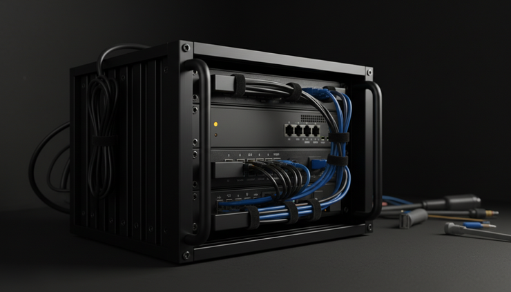 Low-angle view of a glowing warning light on a small server rack in a home lab