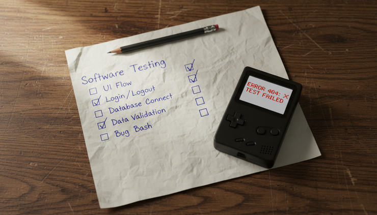 Overhead view of a paper checklist filled with test cases beside a handheld device