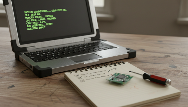 Close-up view of a terminal screen beside a notebook with a hand-drawn task plan
