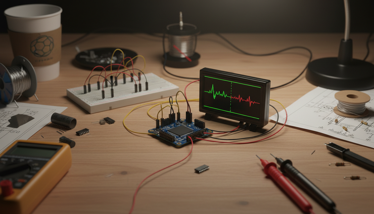 Eye-level view of a small single-board computer connected to cables and a monitor showing test results.