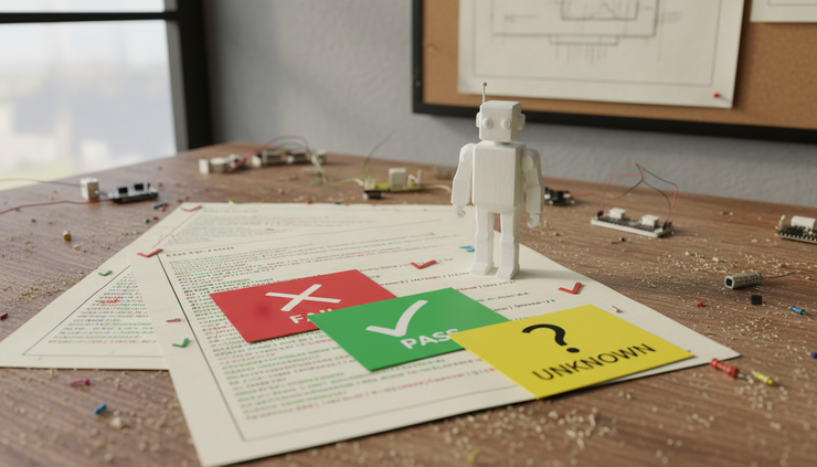 Eye-level view of a small robot figure beside printed code diffs and colored test cards