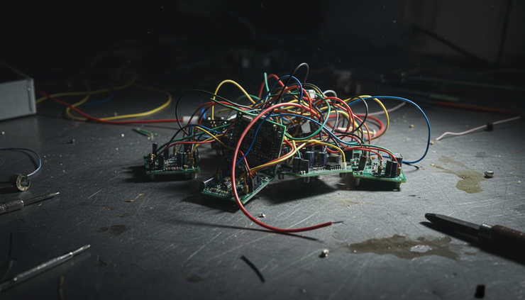 Eye-level view of a tangled bundle of colored cables connected to small circuit boards