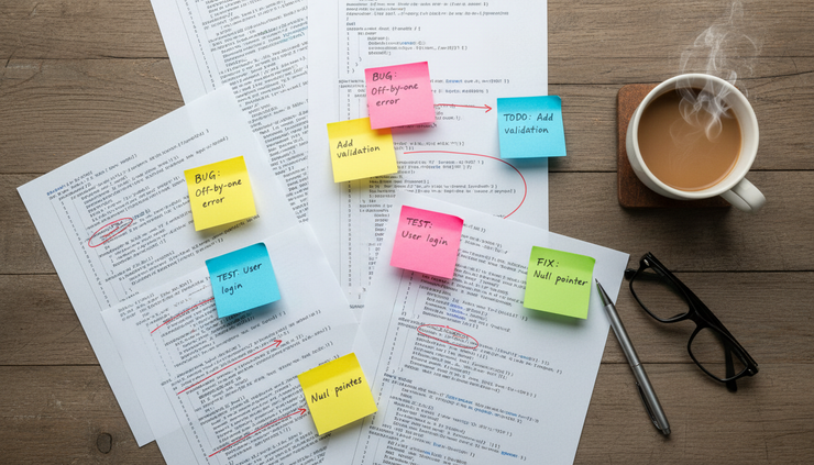 Overhead view of printed code pages marked with colored annotations beside a coffee mug.