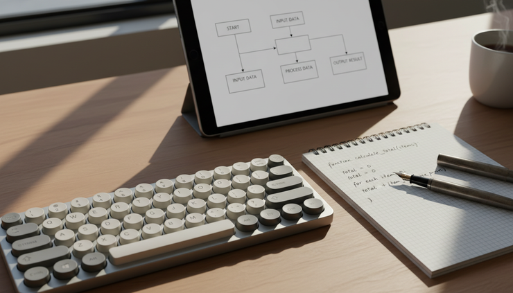 Close-up view of a mechanical keyboard beside handwritten pseudocode notes.